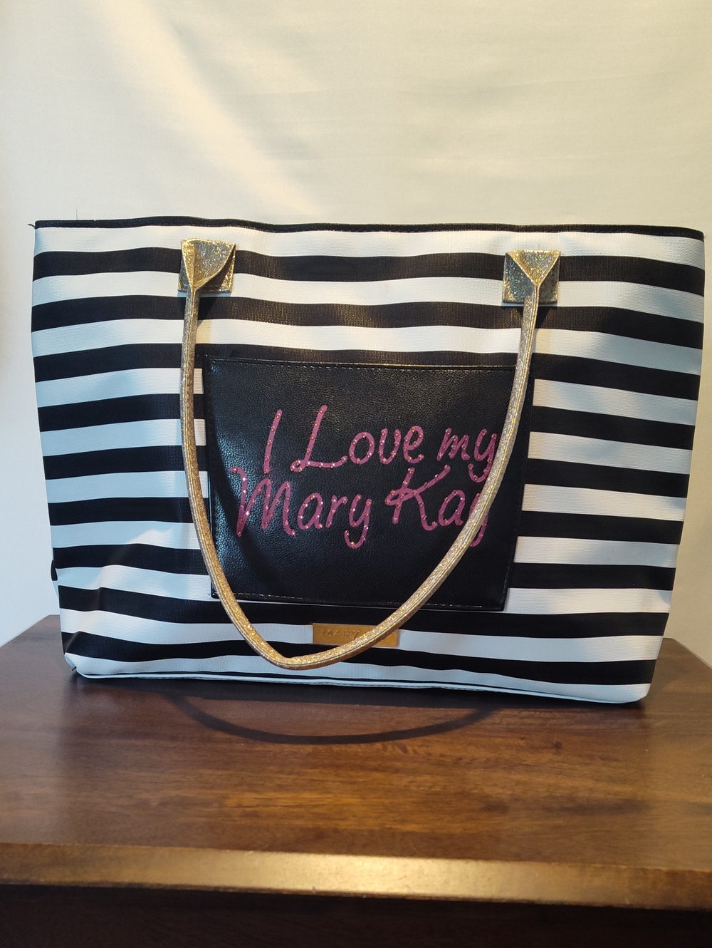 NWOT Mary Kay Black and White Striped Tote with Pink Bling and Gold Handles